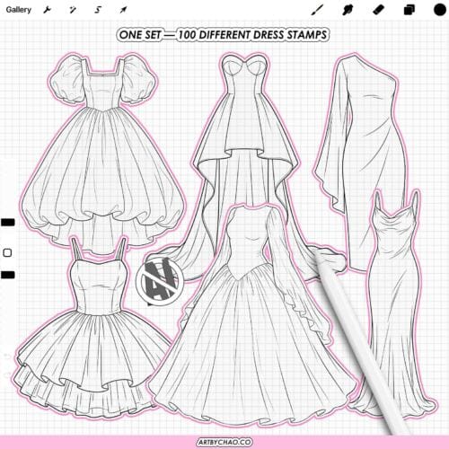 Preview page: one set, 100 different dress stamps – mix of formal gowns and dresses (line art bases) for Procreate, Photoshop & CSP