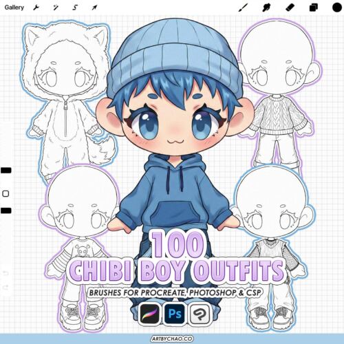 Procreate Chibi Clothes: 100 boy outfit clothing stamps (Photoshop & CSP supported)