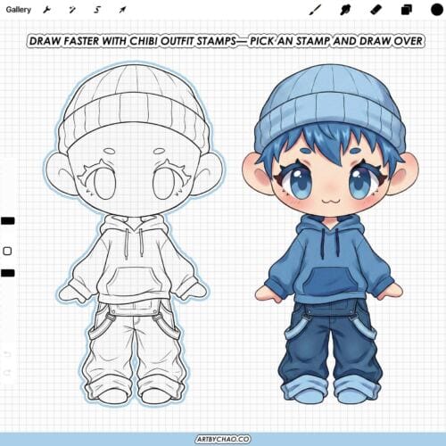 Procreate Chibi Clothes: 100 boy outfit clothing stamps (Photoshop & CSP supported)