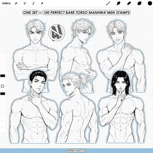 Procreate Manhwa Men Stamps: 100 korean webtoon male bodies, torso stamps (Photoshop & CSP supported)