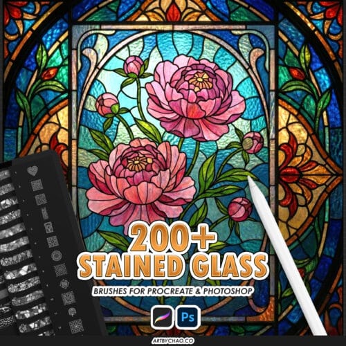 Procreate Stained Glass Brushes: 211 outline templates, glass textures, metallic contour, mosaic patterns