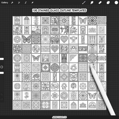 Procreate Stained Glass Brushes: 211 outline templates, glass textures, metallic contour, mosaic patterns