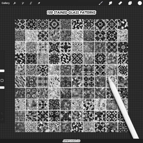 Procreate Stained Glass Brushes: 211 outline templates, glass textures, metallic contour, mosaic patterns