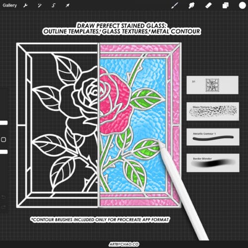 Procreate Stained Glass Brushes: 211 outline templates, glass textures, metallic contour, mosaic patterns