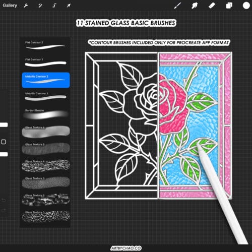 Procreate Stained Glass Brushes: 211 outline templates, glass textures, metallic contour, mosaic patterns
