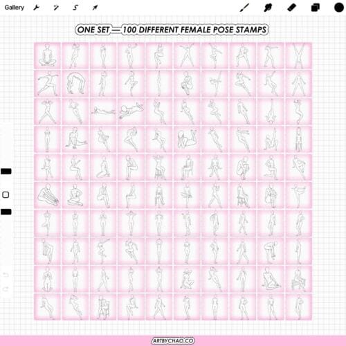 Procreate Female Poses: 100 female body figure drawing bases (Photoshop & CSP supported)