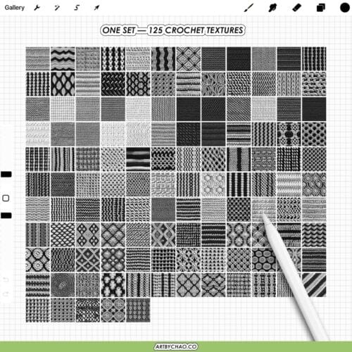 Procreate Crochet Texture Brushes: 125 crochet stitches, knit patterns and fabric overlays (Photoshop supported)