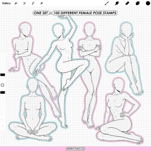Procreate Female Poses: 100 female body figure drawing bases (Photoshop & CSP supported)