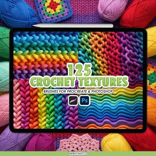 Procreate Crochet Texture Brushes: 125 crochet stitches, knit patterns and fabric overlays (Photoshop supported)