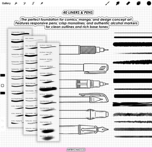 Procreate Fine Liner Brushes: 100 technical pens, tattoo linework, inking, comic and manga lineart