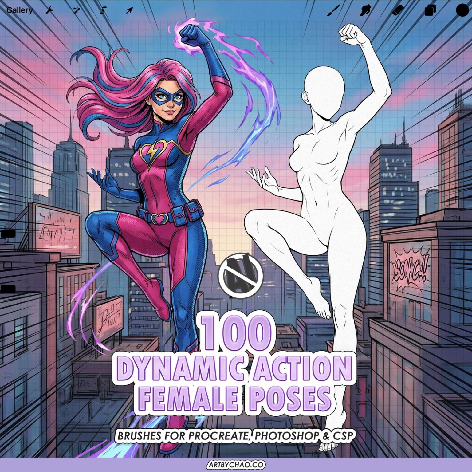 Procreate Dynamic Female Poses: 100 action pose stamps (Photoshop & CSP ...