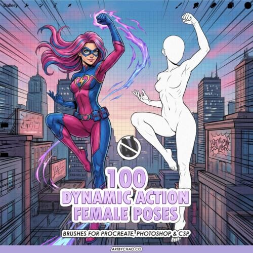 Procreate Dynamic Female Poses: 100 action pose stamps (Photoshop & CSP supported)