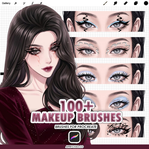 Procreate makeup brushes set cover image – 100+ makeup brushes for Procreate, digital eye makeup, eyeliner, eyeshadow, glitter and lashes
