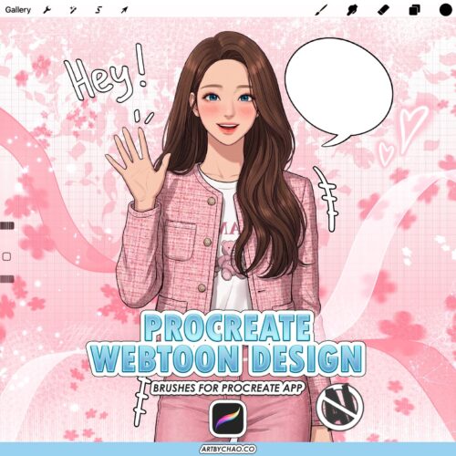 Procreate webtoon FX brushes: 100 layout, speech bubbles, panel borders, hatching and lighting effects
