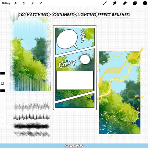 Procreate webtoon FX brushes: 100 layout, speech bubbles, panel borders, hatching and lighting effects