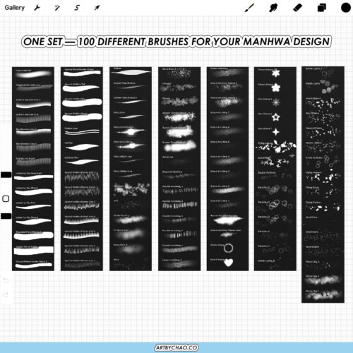 Procreate webtoon FX brushes: 100 layout, speech bubbles, panel borders, hatching and lighting effects