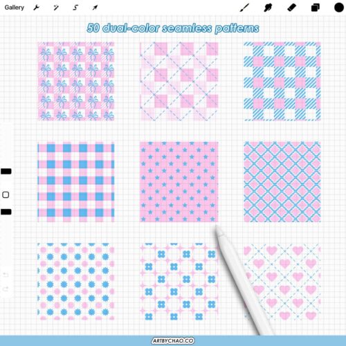 Procreate Coquette Brushes: 200 dual-color outline frames, borders and ribbons, patterns and decor