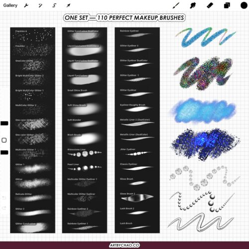 Procreate Makeup Brushes: 110 eyeliner, lashes, eyeshadow, glitter and lipstick set