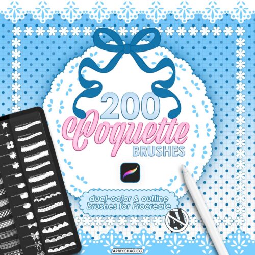 Procreate Coquette Brushes: 200 dual-color outline frames, borders and ribbons, patterns and decor