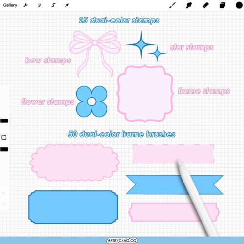 Procreate Coquette Brushes: 200 dual-color outline frames, borders and ribbons, patterns and decor