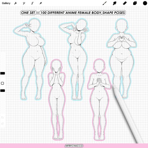 Procreate Manga Anime Body Shapes: 100 female pose base stamps (Photoshop & CSP supported)