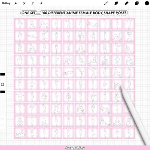 Procreate Manga Anime Body Shapes: 100 female pose base stamps (Photoshop & CSP supported)