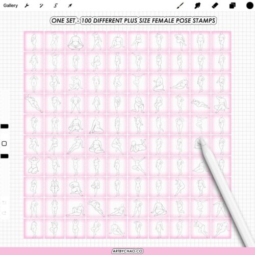 Procreate Plus Size Stamps: 100 female body pose stamps for figure drawing (Photoshop & CSP supported)