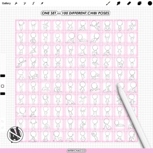 Procreate Chibi Base Poses: 100 chibi character body stamps (Photoshop & CSP supported)