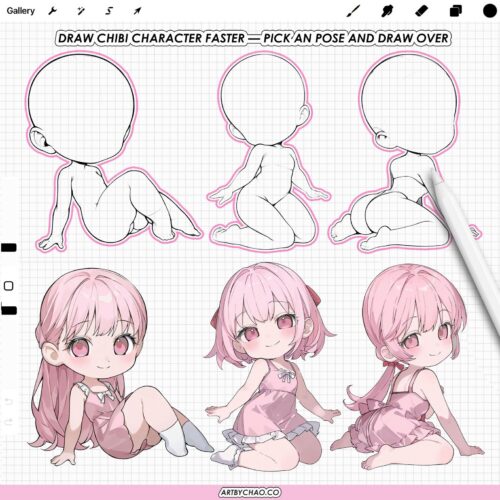 Procreate Chibi Base Poses: 100 chibi character body stamps (Photoshop & CSP supported)