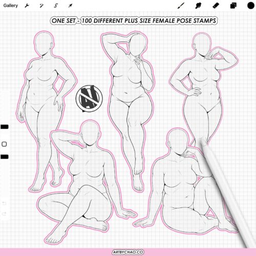 Procreate Plus Size Stamps: 100 female body pose stamps for figure drawing (Photoshop & CSP supported)