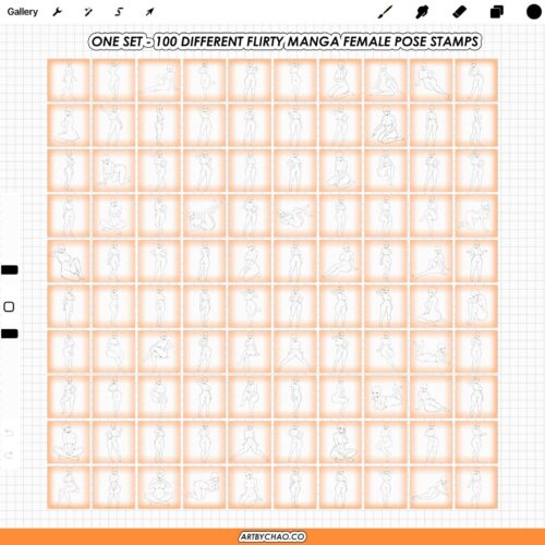 Procreate Spicy Manga Poses: 100 curvy female pose stamps (Photoshop & CSP supported)