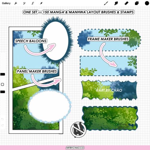 Procreate Manga Manhwa Layout Brushes: 150 Frames, Panels, Speech Balloons | Webtoon Layout Kit Procreate