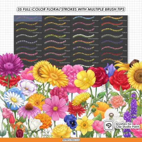 Clip Studio Paint Flower Brushes: 35 Full Color Floral Strokes, Stem Flowers for CSP