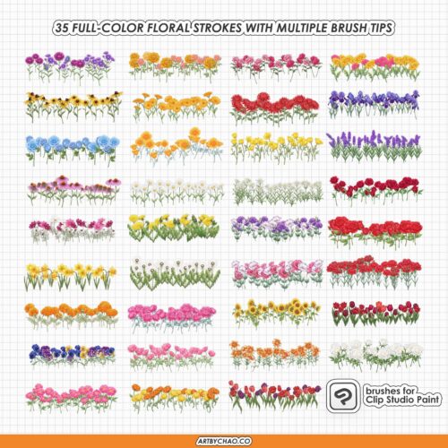 Clip Studio Paint Flower Brushes: 35 Full Color Floral Strokes, Stem Flowers for CSP