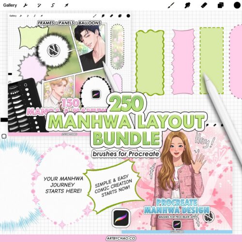 Procreate Manhwa Layout Bundle: 250 Comic Frames, Speech Balloons, Sound FX, Panel Effects Procreate Webtoon Manhwa Layout Bundle: 250 Comic Frames, Speech Balloons, Sound FX, Panel Effects